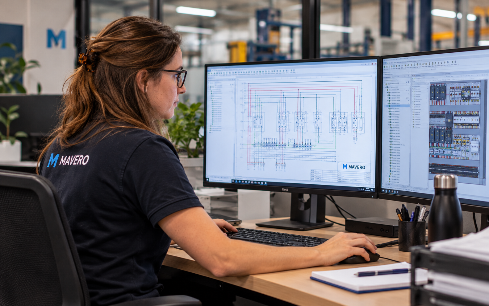 Sara achter haar scherm met een elektrisch schema