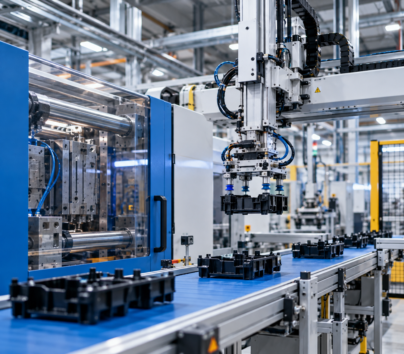 bestaande spuitgietlijn bij Veldkamp Kunststoffen met de nieuwe uitneemrobot boven de transportband