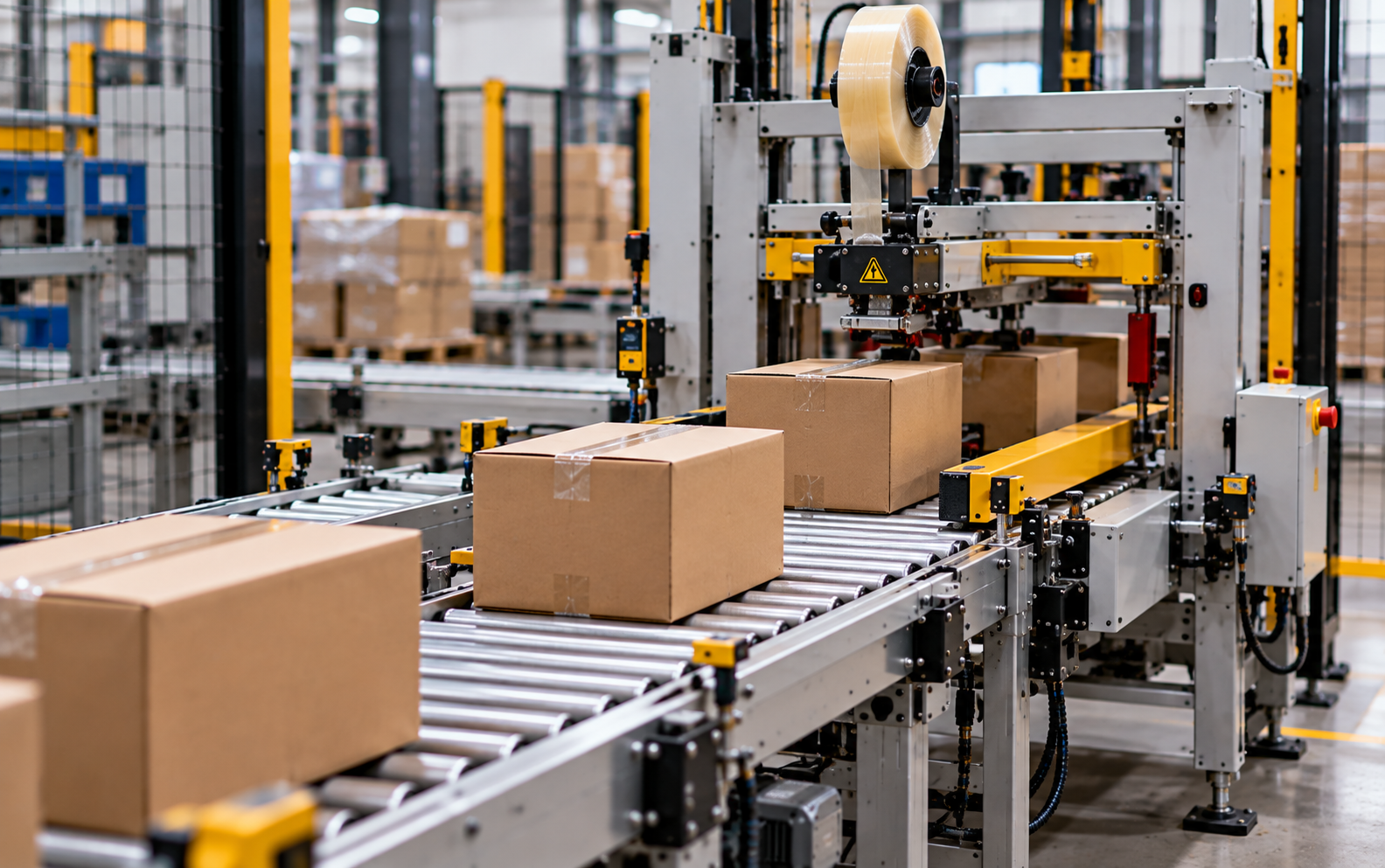 dozen lopen over een rollenbaan naar een sluitmachine