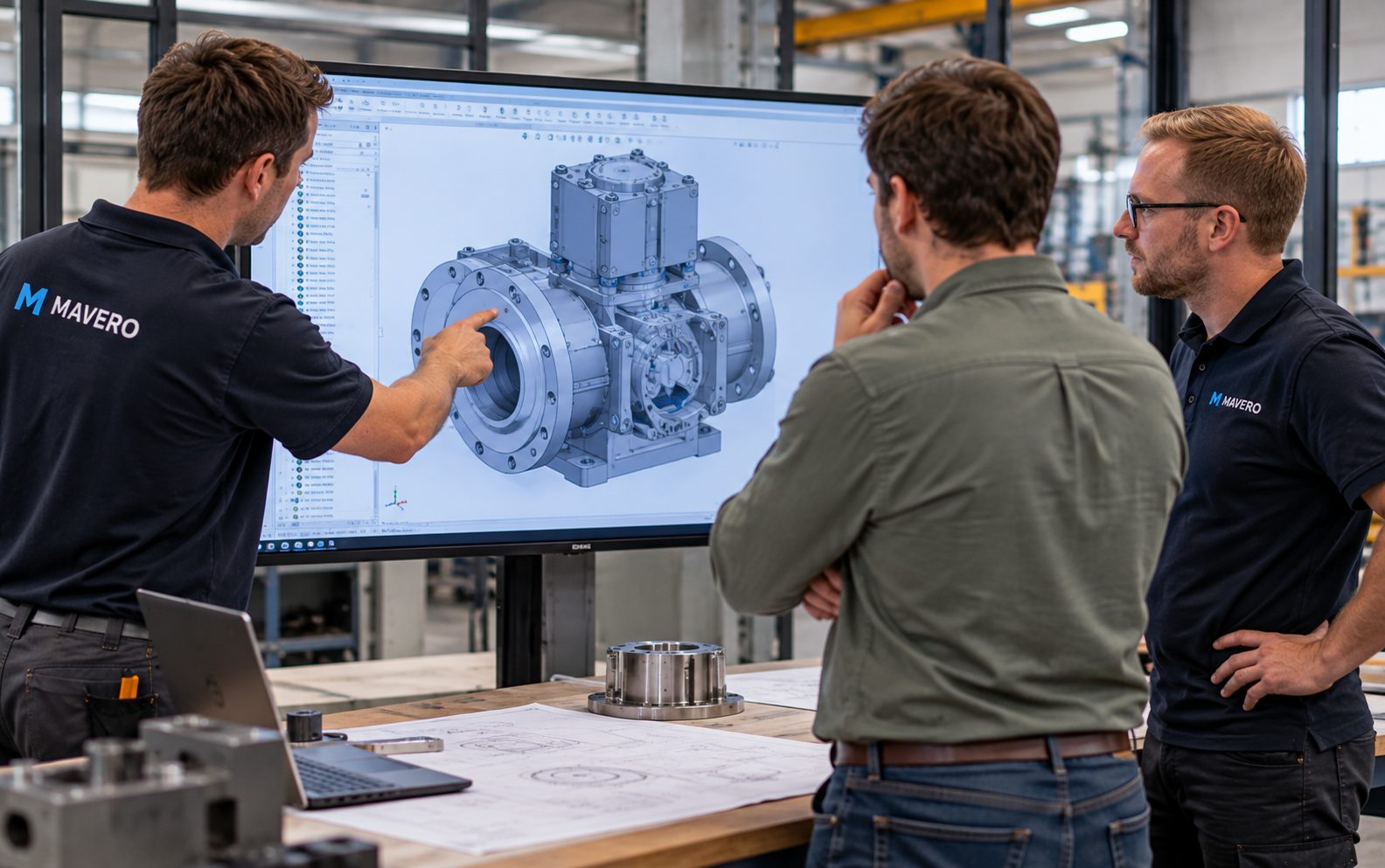 engineers en een klant rond een 3D-model op een groot scherm