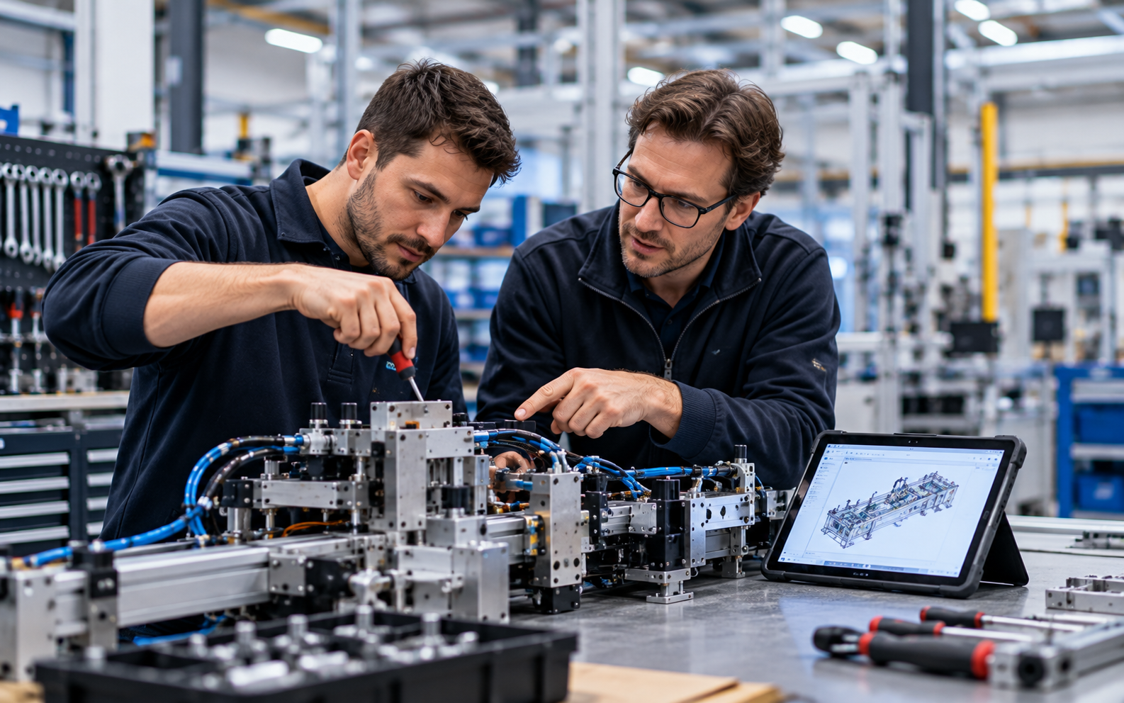 monteur en engineer bespreken een module aan de werkbank, tekening op een tablet ernaast