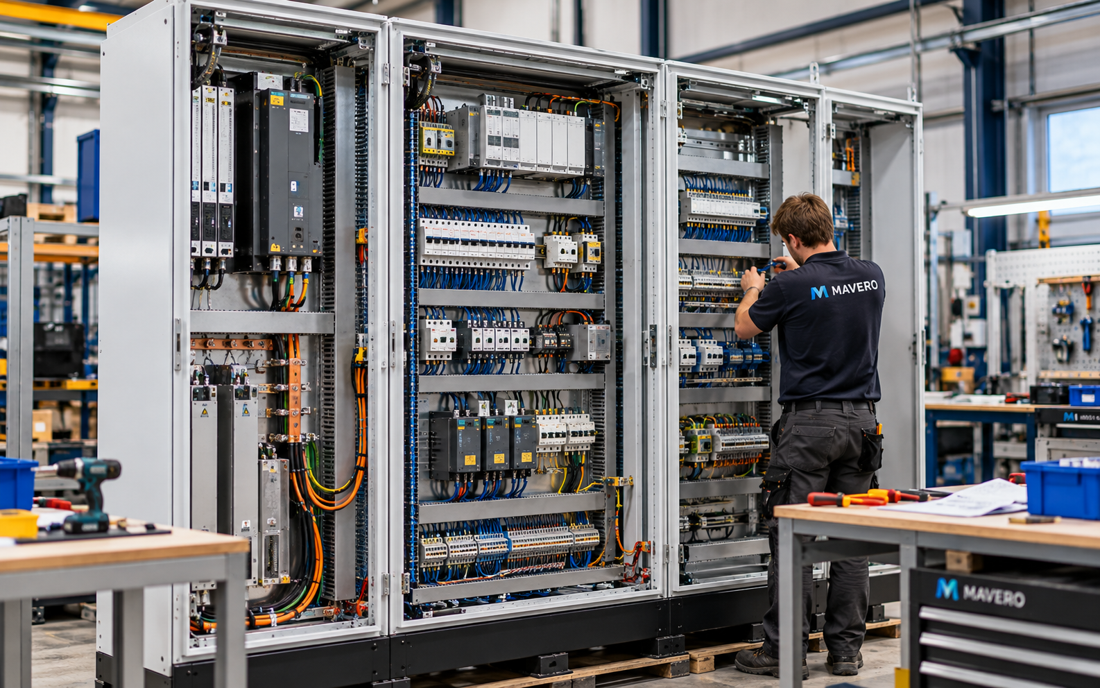 nieuwe schakelkast in opbouw in de hal van Mavero
