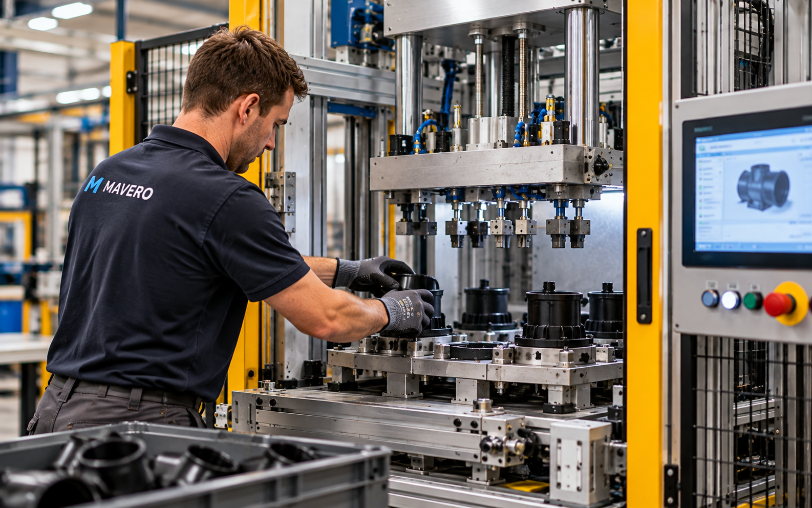 operator legt met de hand producten in een machine
