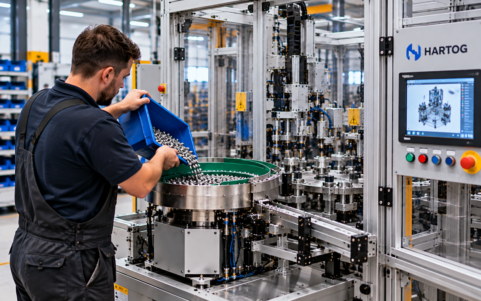 operator vult een trilvuller bij aan de assemblagemachine van Hartog
