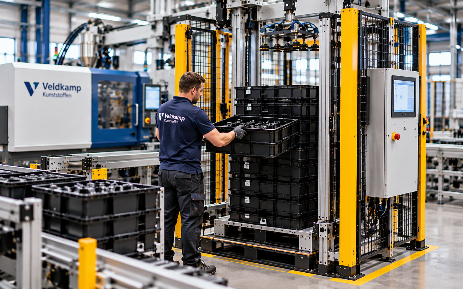 operator wisselt een volle krat bij de stapelunit
