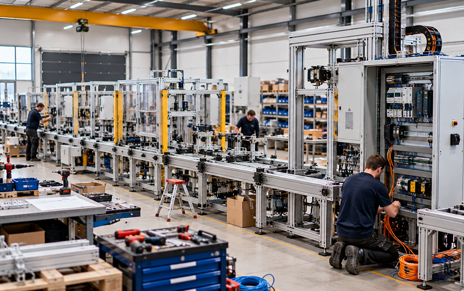 overzicht van een productielijn in opbouw in de montagehal
