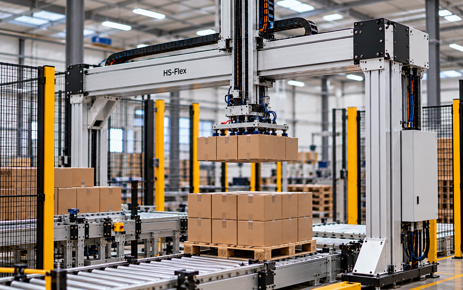 portaal dat dozen in lagen op een pallet zet