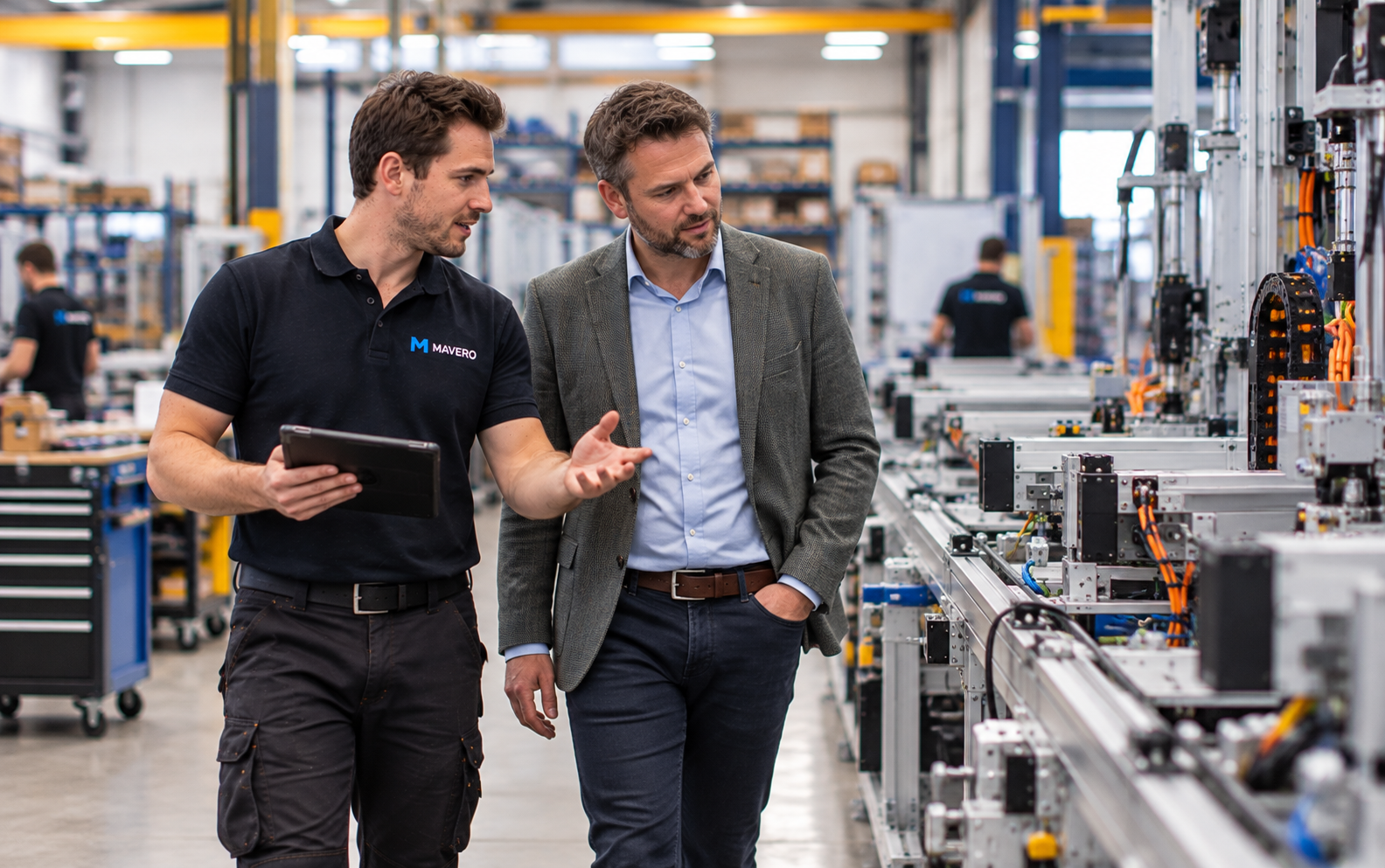 sales engineer en klant lopen langs een productielijn