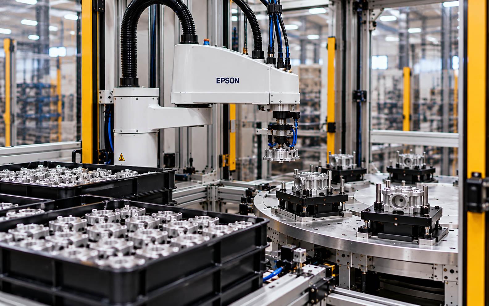 scara-robot belaadt de draaitafel vanuit trays