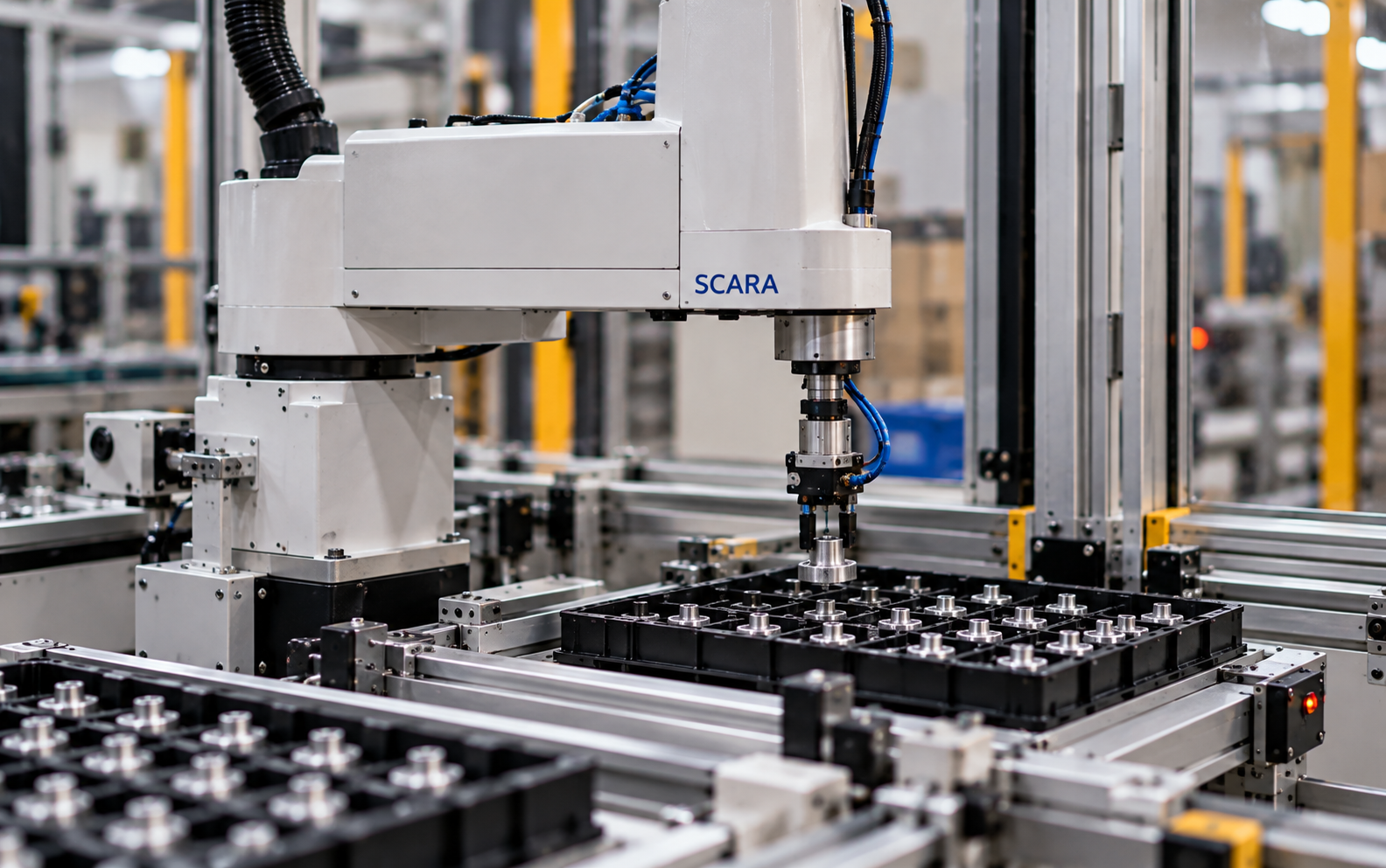 scara-robot plaatst kleine onderdelen in een tray