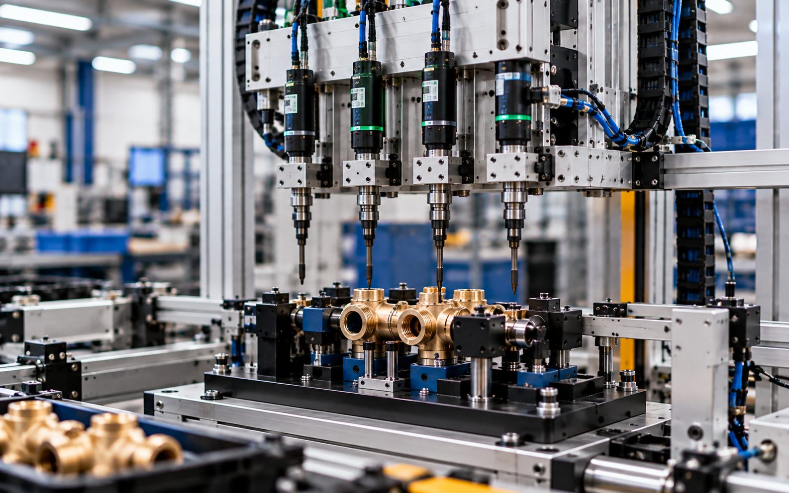 schroefstation met vier spindels boven een productdrager