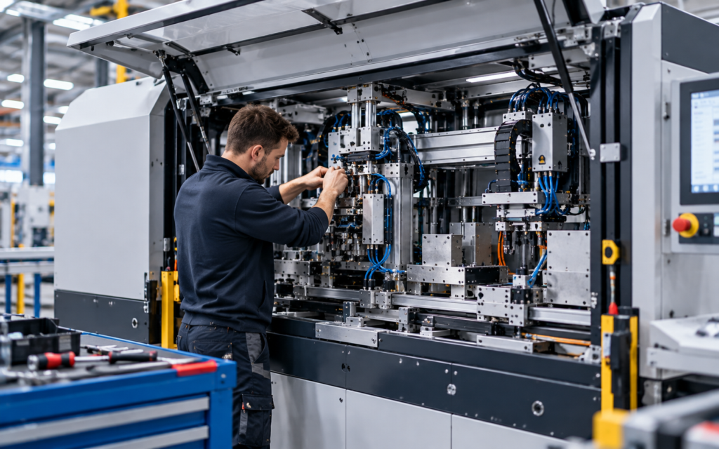 stilstaande machine met geopende beschermkap en een monteur aan het werk
